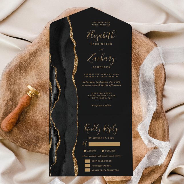 Black Gold Agate Meal Options Dark Wedding All In One Invitation (Creator Uploaded)