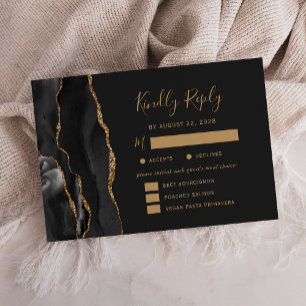 Black Gold Agate Meal Options Dark Wedding RSVP Card