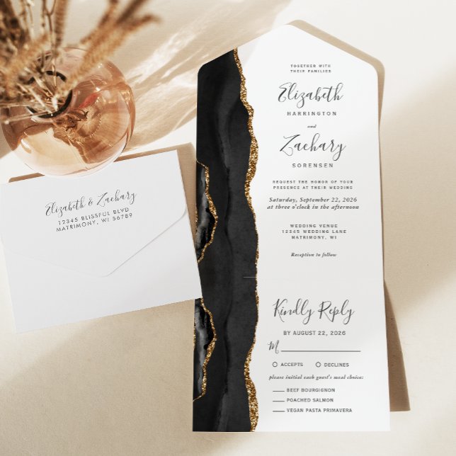 Black Gold Agate Meal Options Wedding All In One Invitation (Creator Uploaded)