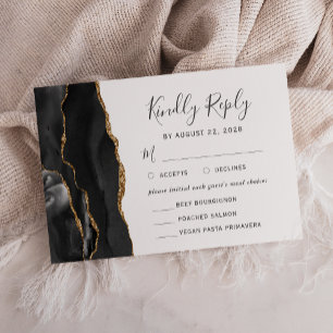 Black Gold Agate Meal Options Wedding RSVP Card