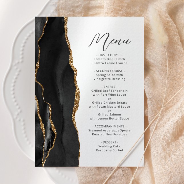 Black Gold Agate Modern Script Wedding Menu (Creator Uploaded)