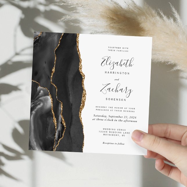 Black Gold Agate Modern Square Wedding Invitation (Creator Uploaded)