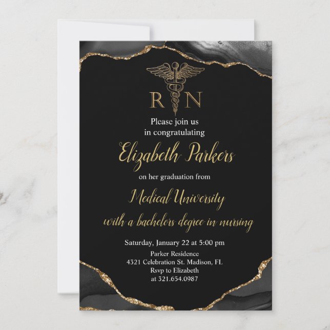 Black & Gold Agate Nursing Graduation Party Invitation (Front)