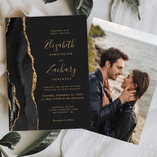 Black Gold Agate Photo Dark Wedding Invitation (Creator Uploaded)