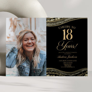 Black Gold Agate Picture 18th Birthday Party Invitation