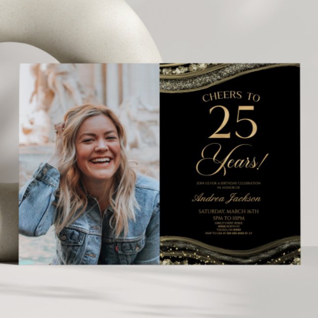 Black Gold Agate Picture 25th Birthday Party Invitation (Creator Uploaded)
