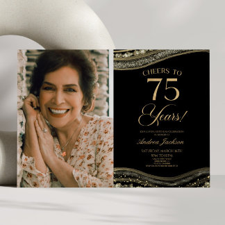Black Gold Agate Picture 75th Birthday Party Invitation