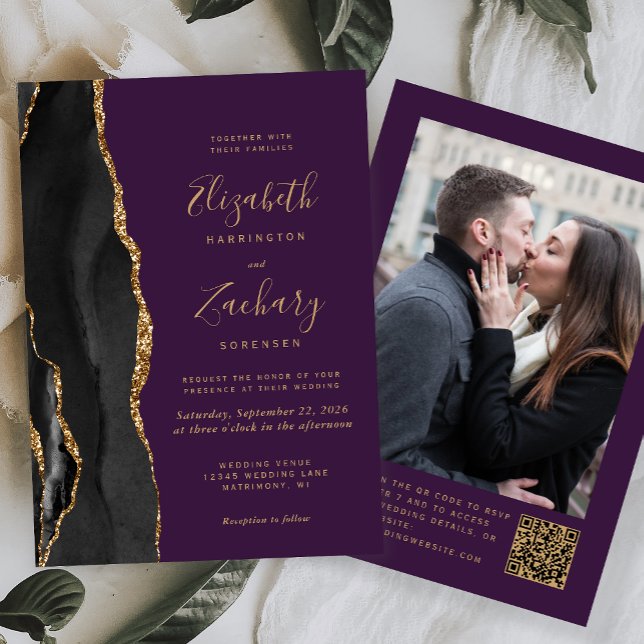 Black Gold Agate Purple Photo QR Code Wedding Invitation (Creator Uploaded)