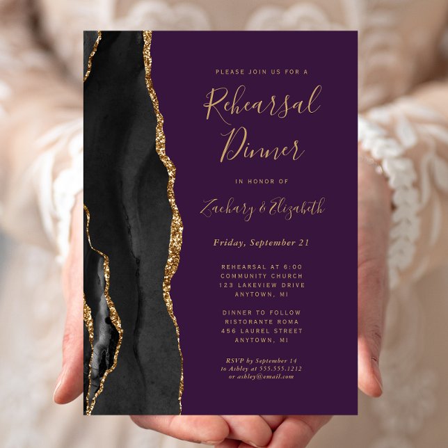 Black Gold Agate Purple Wedding Rehearsal Dinner Invitation (Creator Uploaded)