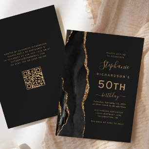 Black Gold Agate QR Code 50th Birthday Invitation