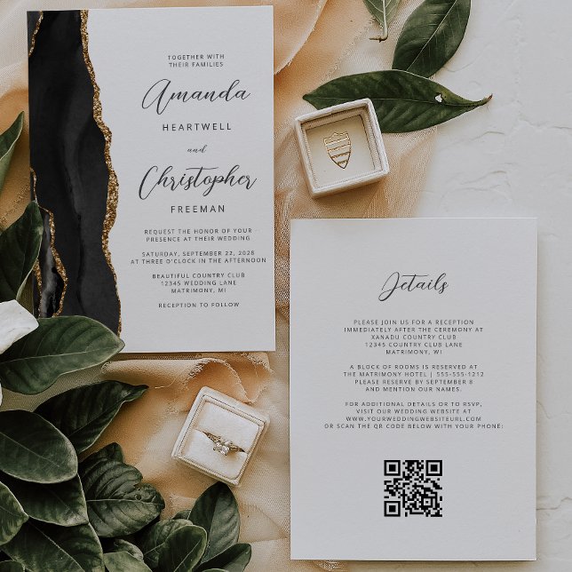 Black Gold Agate QR Code Wedding Invitation (Creator Uploaded)