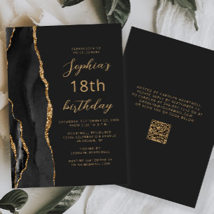 Black Gold Agate Script Dark QR Code 18th Birthday Invitation