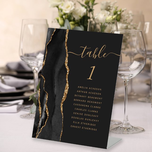 Black Gold Agate Script Dark Wedding Table Number Pedestal Sign (Creator Uploaded)