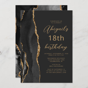 Black Gold Agate Slate Script 18th Birthday Invitation