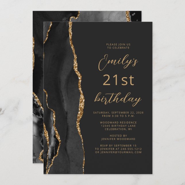 Black Gold Agate Slate Script 21st Birthday Invitation (Front/Back)