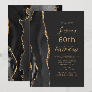 Black Gold Agate Slate Script 60th Birthday Invitation