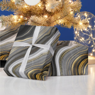 Black gold agate stone marble look elegant party wrapping paper