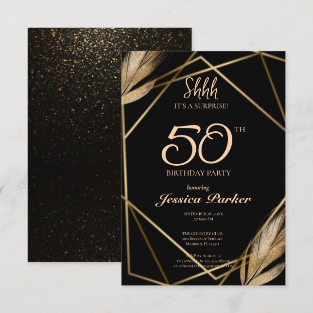 Black Gold Agate Surprise 50th Birthday  Invitation (Front/Back)