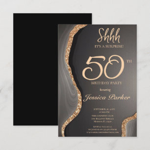 Black Gold Agate Surprise 50th Birthday  Invitation