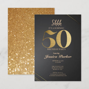 Black Gold Agate Surprise 50th Birthday Invitation