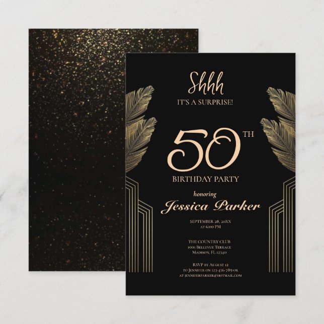 Black Gold Agate Surprise 50th Birthday  Invitation (Front/Back)