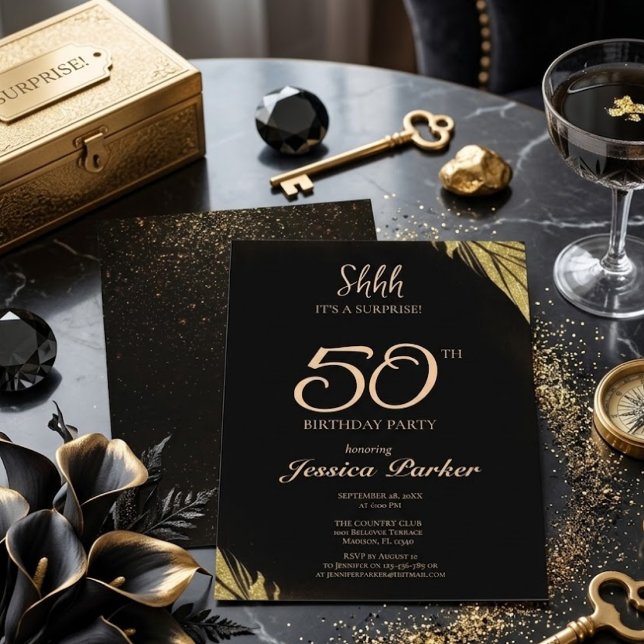 Black Gold Agate Surprise 50th Birthday  Invitation (Creator Uploaded)