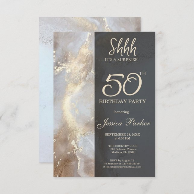 Black Gold Agate Surprise 50th Birthday  Invitation (Front/Back)