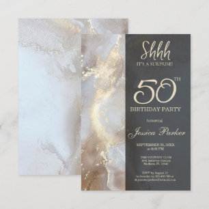Black Gold Agate Surprise 50th Birthday  Invitation
