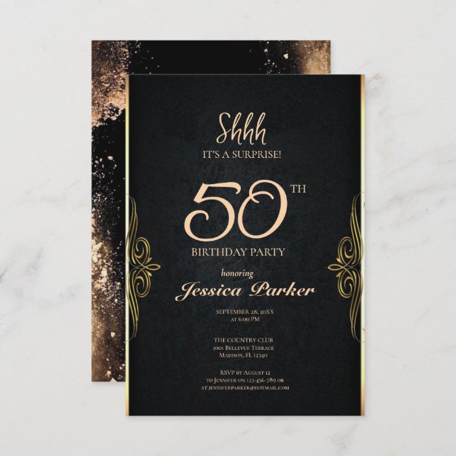Black Gold Agate Surprise 50th Birthday  Invitation (Front/Back)
