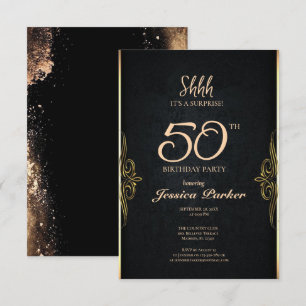 Black Gold Agate Surprise 50th Birthday  Invitation