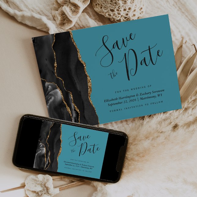 Black Gold Agate Turquoise Save the Date Card (Creator Uploaded)