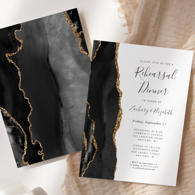  Black Gold Agate Wedding Rehearsal Dinner Invitation (Creator Uploaded)