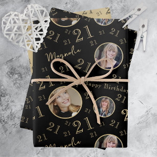 Black Gold Age Photo 21st Birthday Wrapping Paper Sheet