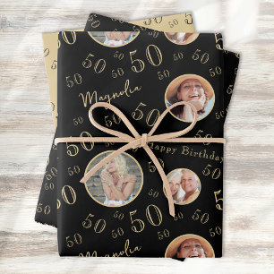 Black Gold Age Photo 50th Birthday Wrapping Paper Sheet