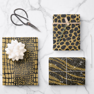 BLACK & GOLD ALLIGATOR LEOPARD TIGER PATTERNS WRAPPING PAPER SHEET