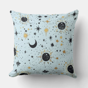Black Gold and Blue Celestial Sun Moon Stars Cushion