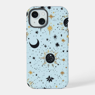 Black, Gold and Blue Celestial Sun Moon Stars iPhone 15 Case