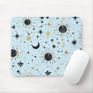 Black, Gold and Blue Celestial Sun Moon Stars Mouse Pad
