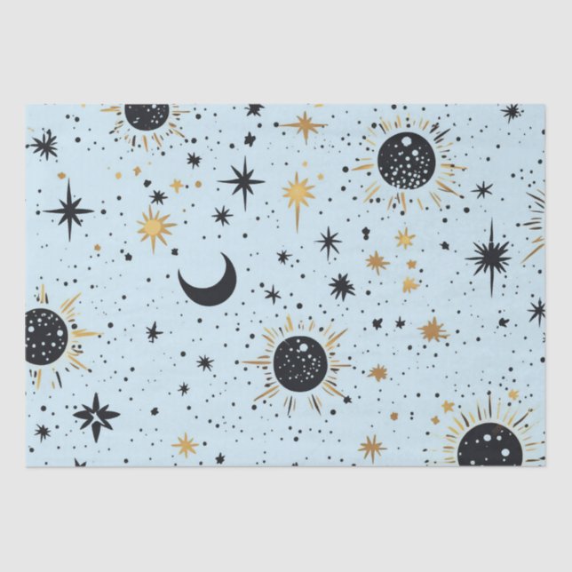 Black, Gold and Blue Celestial Sun Moon Stars Tissue Paper (Front)