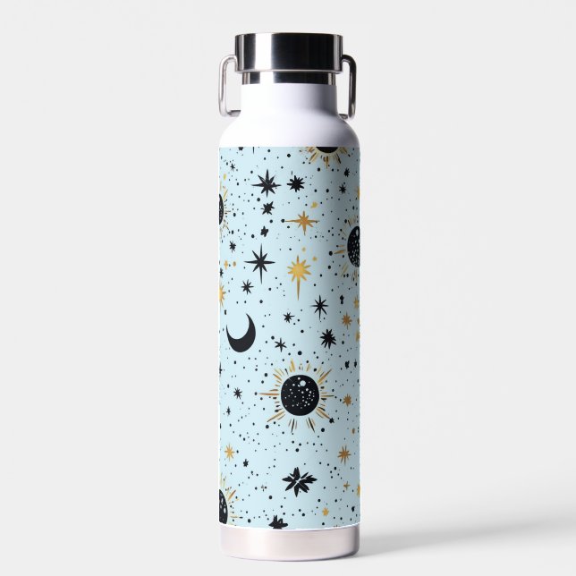 Black, Gold and Blue Celestial Sun Moon Stars Water Bottle (Front)