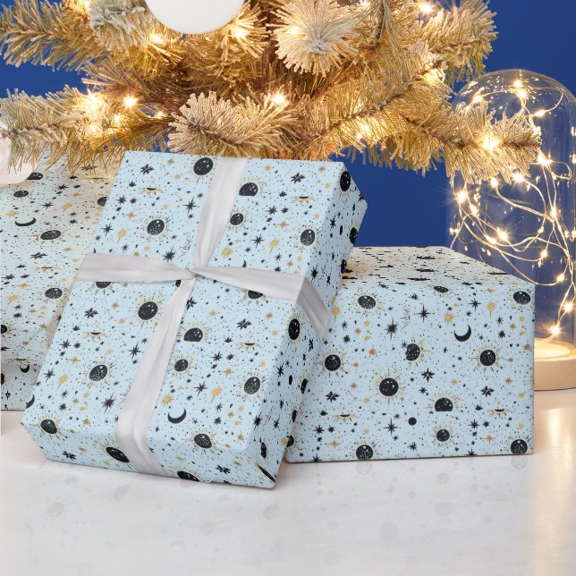 Black, Gold and Blue Celestial Sun Moon Stars Wrapping Paper (Holidays)