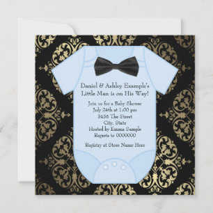 Black Gold and Blue Damask Baby Boy Shower Invitation