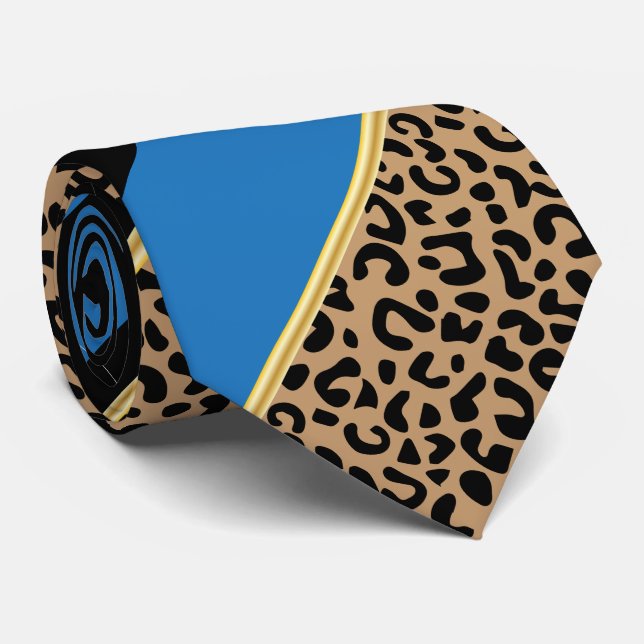 Black, Gold and Blue Diagonal Stripe Leopard Print Tie (Rolled)