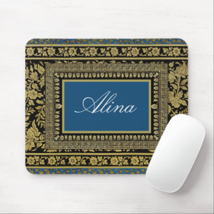 Black, Gold, and Blue Floral Pattern Editable Mouse Pad