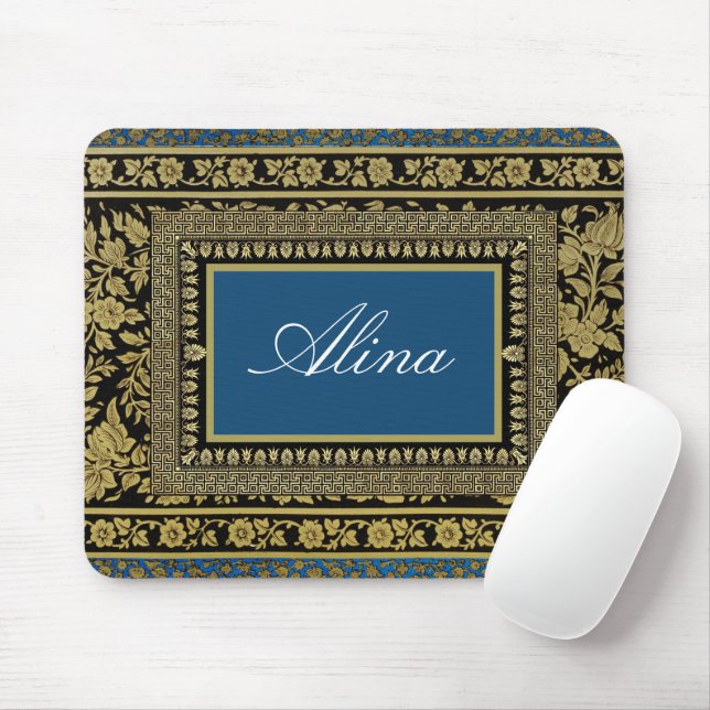 Black, Gold, and Blue Floral Pattern Editable Mouse Pad (With Mouse)