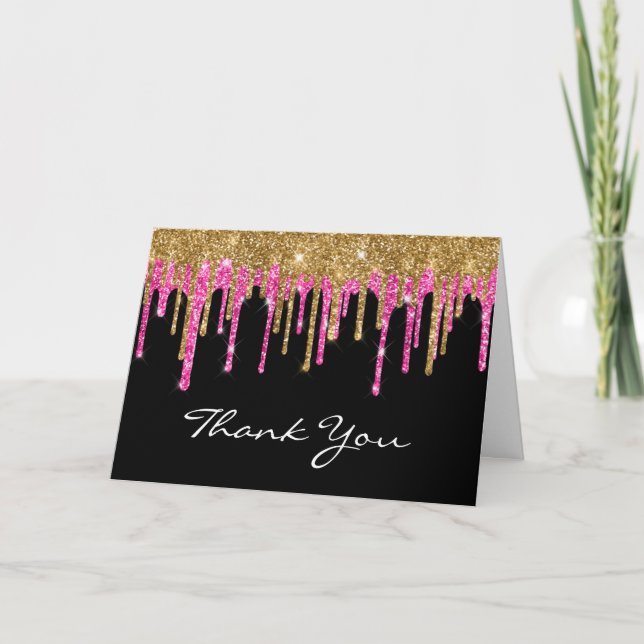 Black Gold and Deep Pink Glitter Drip Quinceañera Thank You Card (Front)