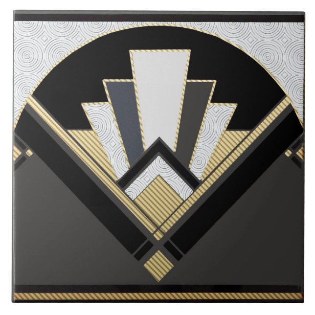 Black Gold and gray patterned fan ceramic Tile (Front)