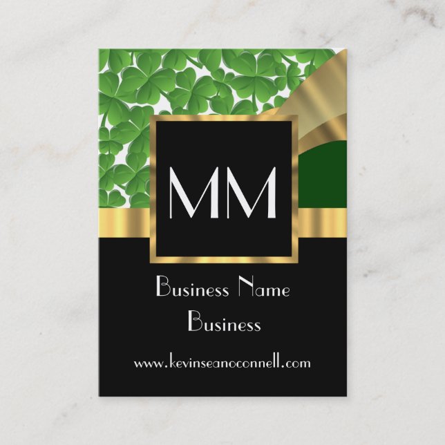 Black gold and green monogram business card (Front)