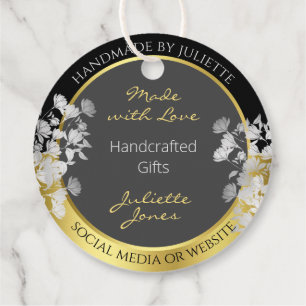 Black Gold and Grey Floral Design & Silver Flowers Favour Tags