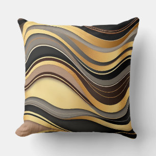 Black, Gold, and Grey Waves Pattern Cushion